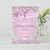 初めての聖体拝領 十字架 ピンクレース 女の子 招待状 (スタンド正面)