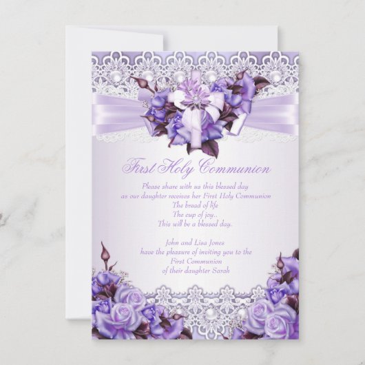 初めての聖体拝領 女の子 ライラック ラベンダー パープル 2 招待状 (正面)