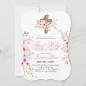 初めての聖体拝領 招待状 花 クロス ピンク (正面)