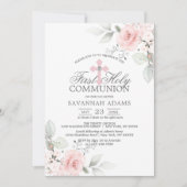 初めての聖体拝領 水彩 ピンクのバラの少女 招待状 (正面)