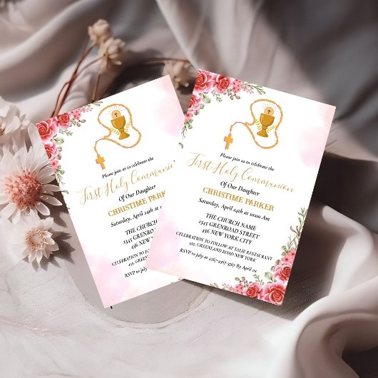 初めての聖体拝領 水彩 ピンクの花 招待状