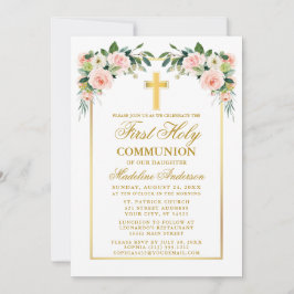 初めての聖体拝領 水彩 ピンク ブラッシュ フラワーズ ゴールド 招待状
