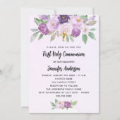 初めての聖体拝領 紫の花 緑の葉 十字架 招待状 (正面)