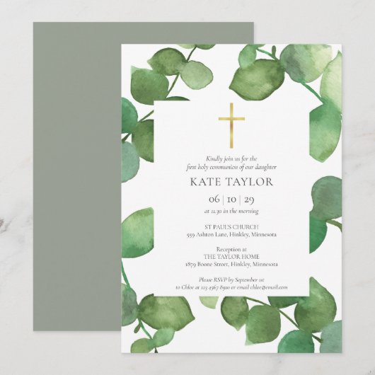 初めての聖体拝領 緑のユーカリ 招待状 (正面/裏面)
