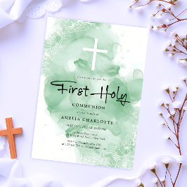 初めての聖体拝領 緑の水彩画 招待状