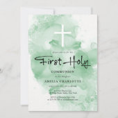 初めての聖体拝領 緑の水彩画 招待状 (正面)