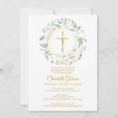 初めての聖体拝領 緑の花飾り 金の十字架 招待状 (正面)