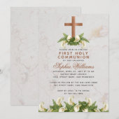 初めての聖体拝領 銅クロス カラー リリー 大理石 招待状 (正面/裏面)