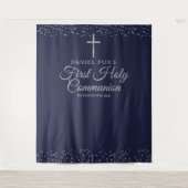 初めての聖体拝領 青 銀の写真用背景 タペストリー (正面)