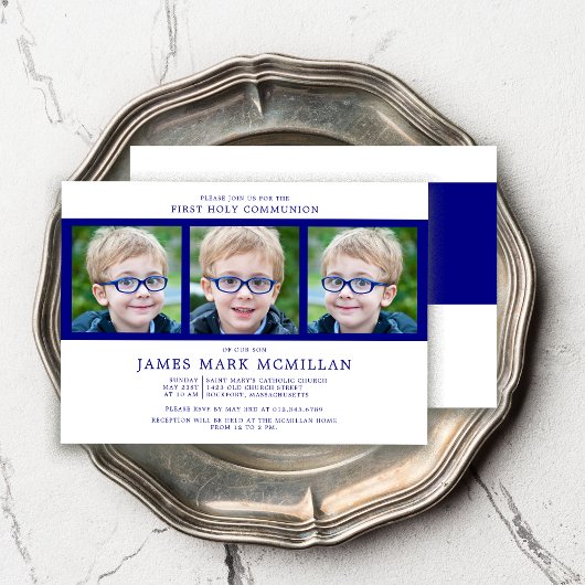 初めての聖体拝領 3枚の写真の組み合わせ 男の子 ネイビーブルー 招待状