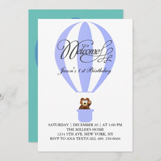 初めての誕生日にハニーパーティーバルーン 招待状 (正面/裏面)