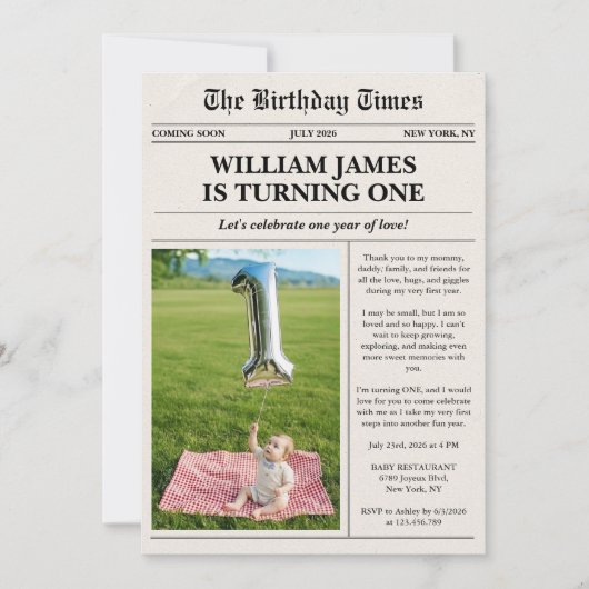 初めての誕生日新聞 招待状 (正面)