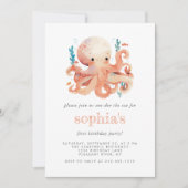 初めての誕生日 おめでとう! かわいい水彩オレンジ色のタコさん 招待状 (正面)