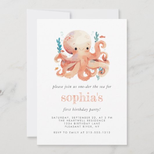 初めての誕生日 おめでとう! かわいい水彩オレンジ色のタコさん 招待状 (正面)