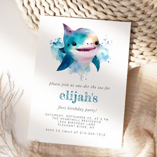 初めての誕生日 かわいい青 水彩のサメ 招待状