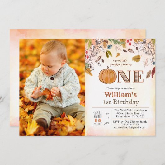 初めての誕生日　パンプキン　 rustic リーフ　招待状 招待状 (正面/裏面)