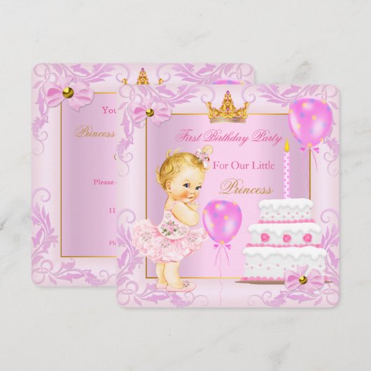 初めての誕生日 プリンセス ティアラ 女の子 ピンク ブロンド 招待状 (正面/裏面)
