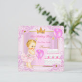 初めての誕生日 プリンセス ティアラ 女の子 ピンク ブロンド 招待状 (スタンド正面)