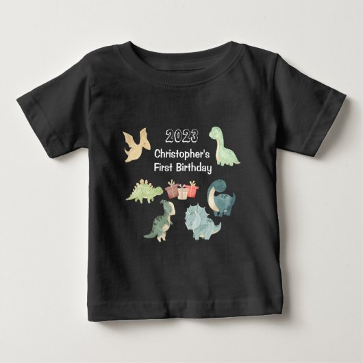 初めての誕生日 ベイビー 水彩 かわいい 恐竜 黒 ベビーTシャツ (正面)