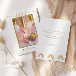 初めての誕生日 ボヘミアンレインボー ピンク ゴールド フォト サンキューカード