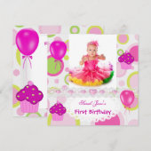 初めての誕生日 女の子 ケーキ ピンク 風船 招待状 (正面/裏面)