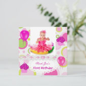 初めての誕生日 女の子 ケーキ ピンク 風船 招待状 (スタンド正面)