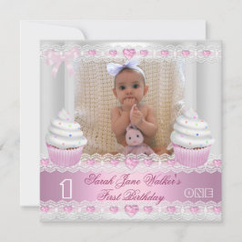 初めての誕生日 女の子 白 ピンク カップケーキ 赤ちゃん 2 招待状