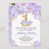 初めての誕生日 紫の水彩 花の招待状 招待状 (正面/裏面)