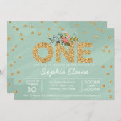 初めての誕生日、金のグリッターコンフェッティ、ミントグリーン 招待状 (正面/裏面)