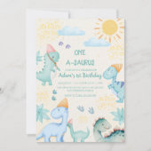 初めての1歳の誕生日 ブルー ウォーターカラー 恐竜 招待状 (正面)