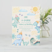 初めての1歳の誕生日 ブルー ウォーターカラー 恐竜 招待状 (スタンド正面)