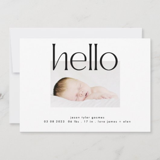 初めまして |ブラックはっきりしたモダン文字誕生announ 案内状 (正面)