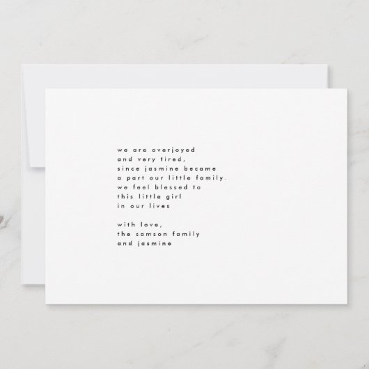 初めまして |ブラックはっきりしたモダン文字誕生announ 案内状 (裏面)