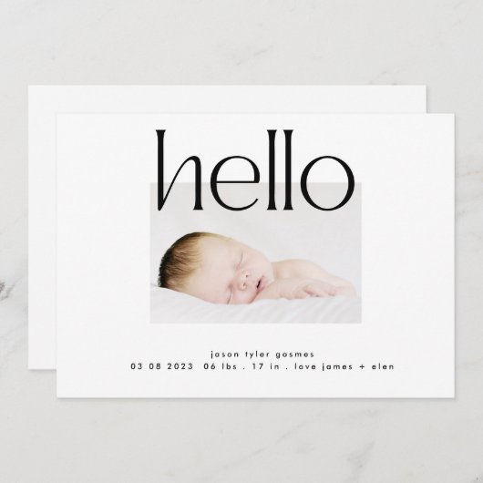 初めまして |ブラックはっきりしたモダン文字誕生announ 案内状 (正面/裏面)