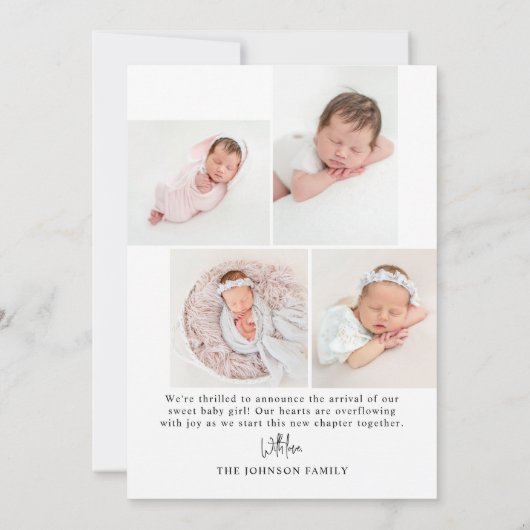 初めまして | ミニマモダンリストシンプルベビー写真誕生 案内状 (裏面)