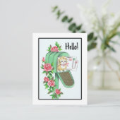 初めまして!ヴィンテージの子猫を緑のメールボックス ポストカード (スタンド正面)