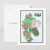 初めまして!ヴィンテージの子猫を緑のメールボックス ポストカード (正面/裏面)