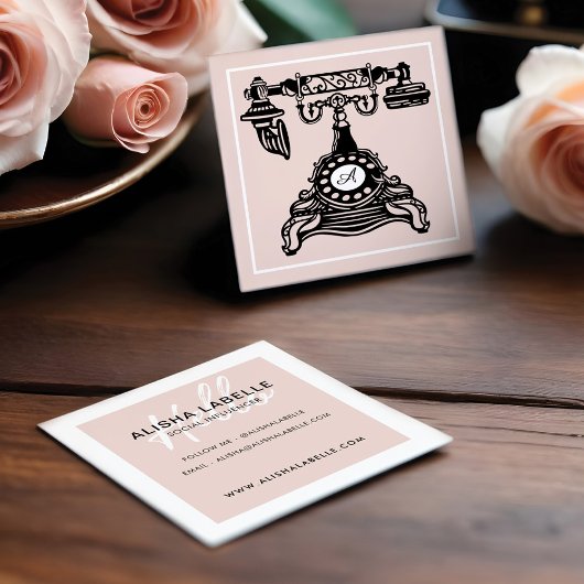 初めまして |赤面ピンクヴィンテージアンティーク電話モノグラム スクエア名刺