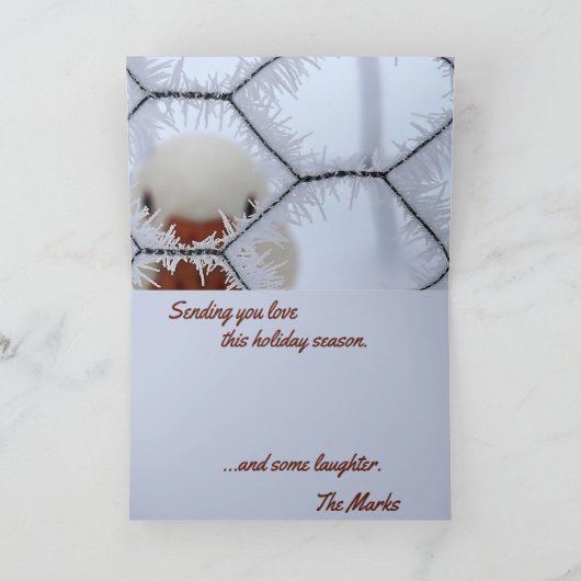 初めまして!霜の降りたフェンスの後ろのカモの世俗的なクリスマス カード (内部)