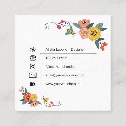 初めまして | 鮮やかフローラワイルドフラワー&ハニービー スクエア名刺 (裏面)