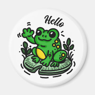 初めまして Frog on Lily Pad Hand Drawn マグネット