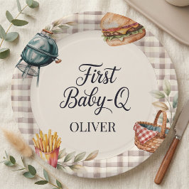 初ベビーQ BBQ 1歳の誕生日 男の子 ブルチェック ペーパープレート