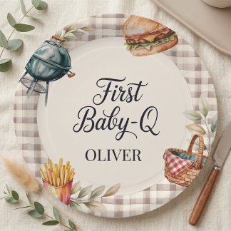 初ベビーQ BBQ 1歳の誕生日 男の子 ブルチェック ペーパープレート