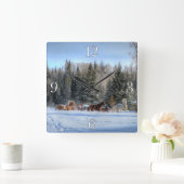 初冬ランニング雪の馬の群れ スクエア壁時計 (ホーム)