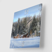 初冬ランニング雪の馬の群れ スクエア壁時計 (傾斜)