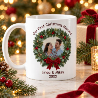 初婚クリスマス 赤いリボンのリース 写真 コーヒーマグカップ