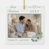 初婚クリスマス Mr Mrs 写真 グリーンネイチャー セラミックオーナメント (裏面)
