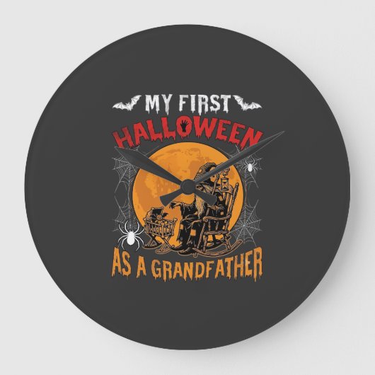 初孫と過ごす最初のハロウィン おじいちゃん魔法使い コウモリ 月_1 ラージ壁時計 (正面)