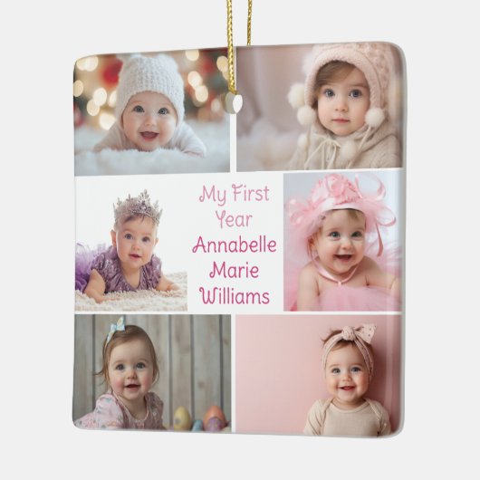 初年度のベビーガール写真コラージュ可愛い両面 セラミックオーナメント (左)