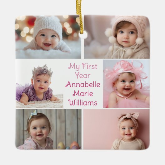 初年度のベビーガール写真コラージュ可愛い両面 セラミックオーナメント (正面)